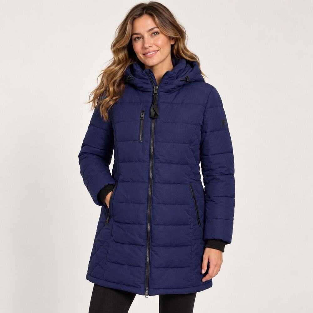 GUESS Womens XL Navy Blue Long Hooded Puffer Coat Quilted Winter Jacket